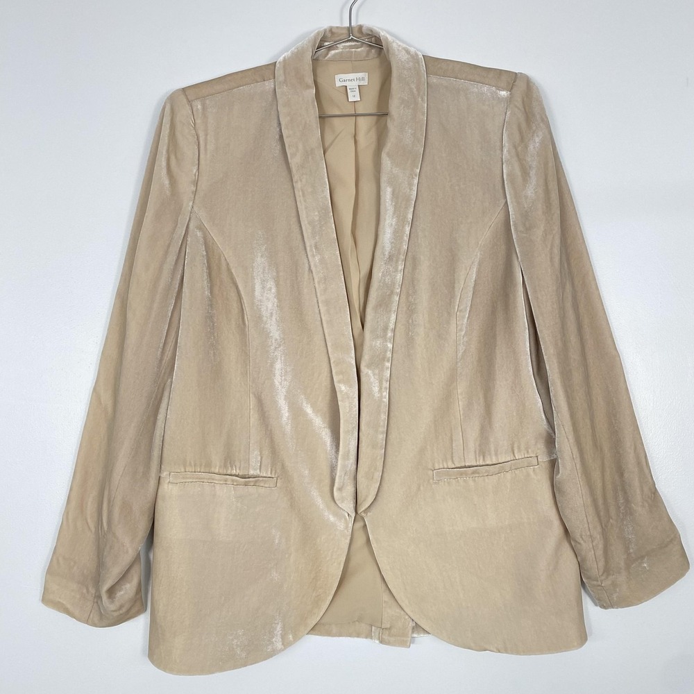 Garnet Hill Blazer Jacket‎ Womens 12 Beige Silk Blend Velvet Open Front Lined